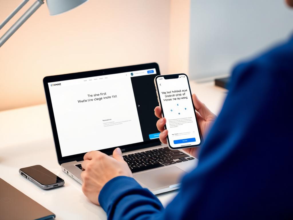 Designer reviewing a landing page on laptop and phone