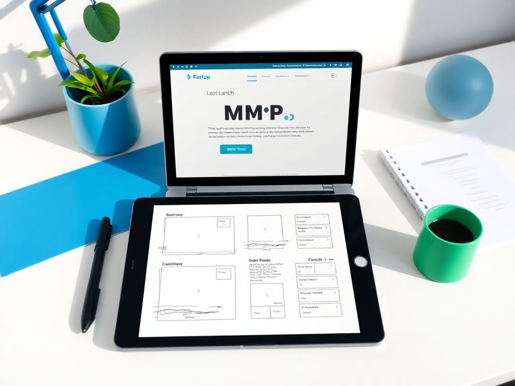 Startup MVP wireframes and a launch-ready web app on a desk