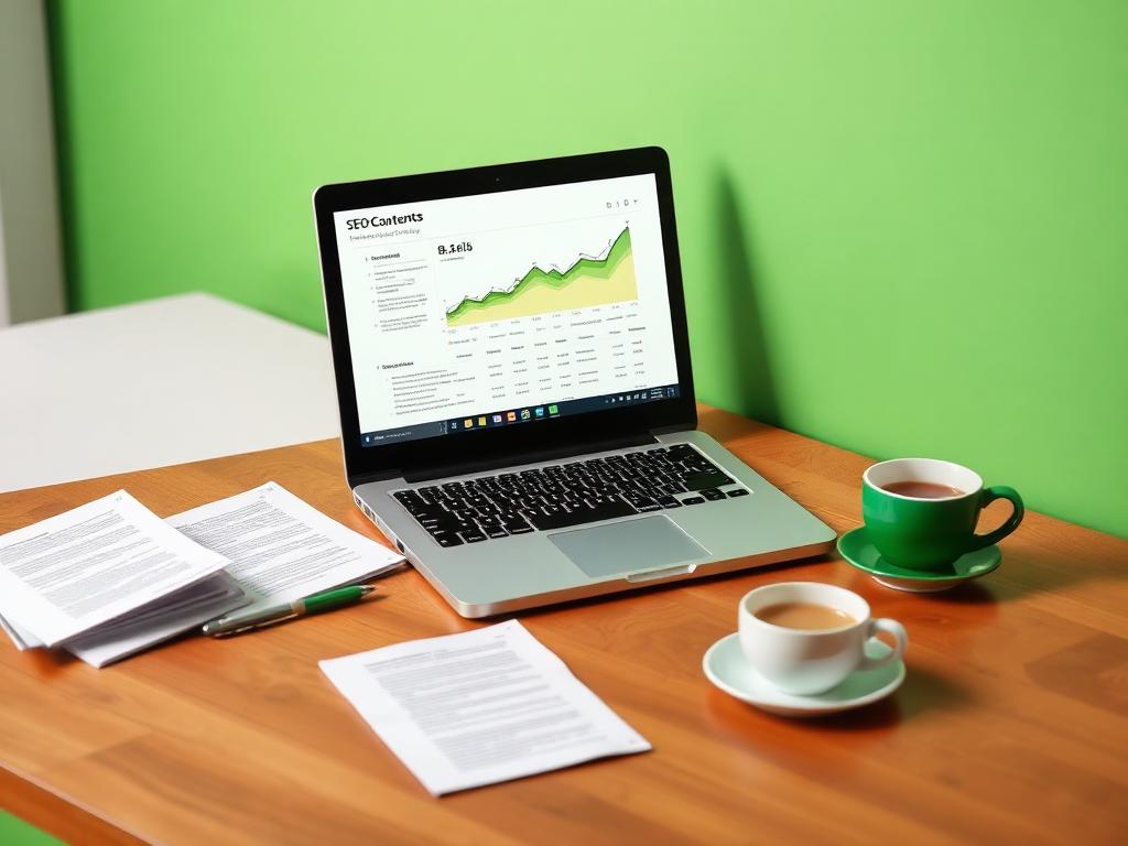 Laptop showing rising search rankings beside article drafts